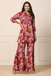 Women Maroon Shirt Collar Kurta Sharara Set