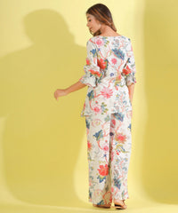 Women White Floral Printed Top And Palazzos Co-Ord Set