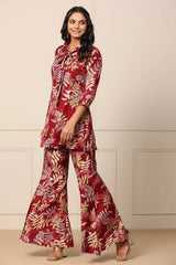 Women Maroon Shirt Collar Kurta Sharara Set