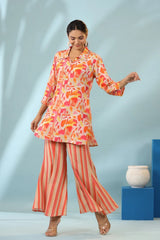 Orange Geometric Design Kurti With Stripe Pants