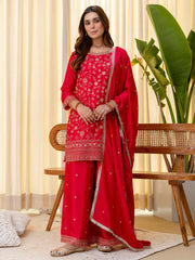 Rani Pink Silk Blend Embroidered with Sequins Straight Kurta Palazzo Dupatta Set