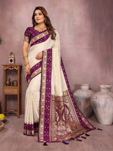Pure Handloom Kalamkari Beigh & Purple Silk Saree with Zari Woven Border & Pallu