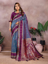 Pure Handloom Kalamkari Blue & Pueple Silk Saree with Zari Woven Border & Pallu