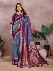 Pure Handloom Kalamkari Blue & Pueple Silk Saree with Zari Woven Border & Pallu