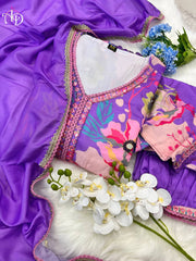 Featuring beautiful Purple Muslin Alia Cut Suit Set