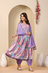 Featuring beautiful Purple Muslin Alia Cut Suit Set