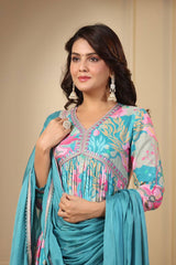 Featuring beautiful Blue Muslin Alia Cut Suit Set