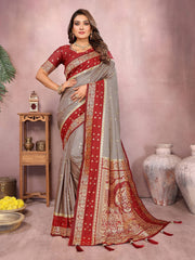 Pure Handloom Kalamkari Navy Blue & Red Silk Saree with Zari Woven Border & Pallu