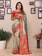 Pure Banarasi Grey & Red Tissue Silk Saree with Paithani Border & Pallu