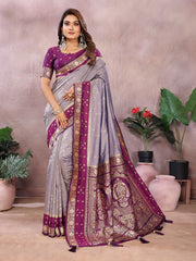 Pure Handloom Kalamkari Light-Lavender & Purple Silk Saree with Zari Woven Border & Pallu