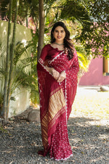 Pure Bandhej Maroon Silk Saree with Zari Border