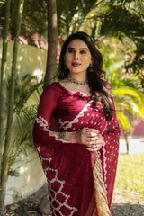 Pure Bandhej Maroon Silk Saree with Zari Border