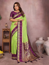 Pure Handloom Kalamkari Parrot Green & Purple Silk Saree with Zari Woven Border & Pallu