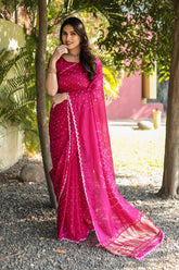 Pure Bandhej Pink Silk Saree with Zari Border