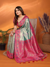 Pure Banarasi Teal Green & Pink Tissue Silk Saree with Paithani Border & Pallu
