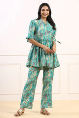 Elegant Cotton Fabric Cord Set for Women Blue