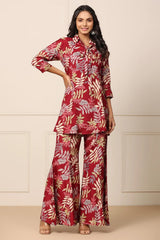 Women Maroon Shirt Collar Kurta Sharara Set