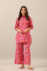 Women Pink Shirt Collar Co-Ord Sets