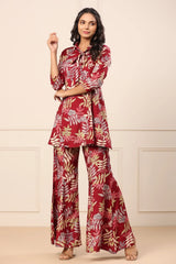Women Maroon Shirt Collar Kurta Sharara Set