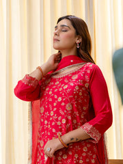 Rani Pink Silk Blend Embroidered with Sequins Straight Kurta Palazzo Dupatta Set