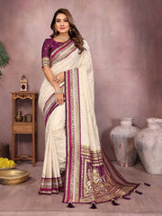 Pure Handloom Perrot & Purple Kalamkari Silk Saree with Zari Woven Border & Pallu