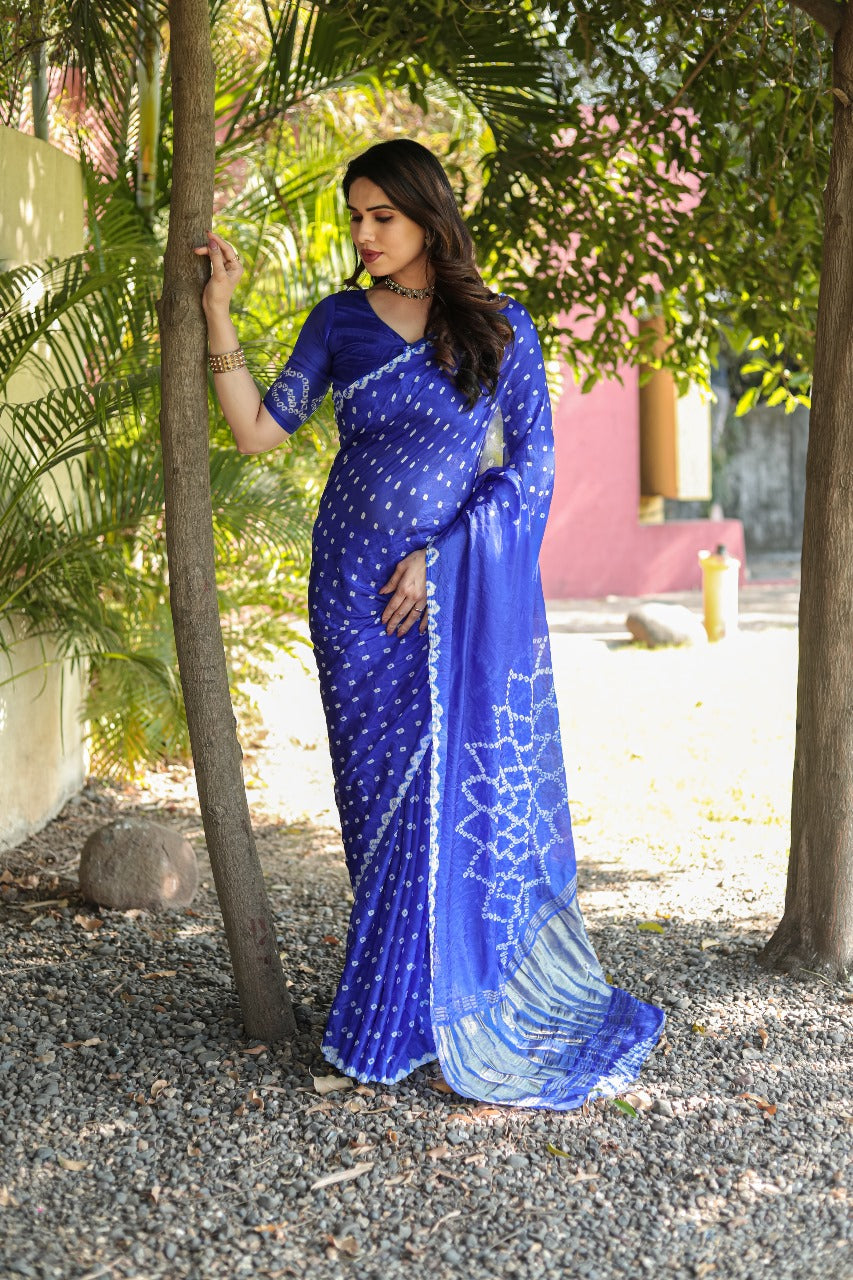 Pure Bandhej Blue Silk Saree with Zari Border
