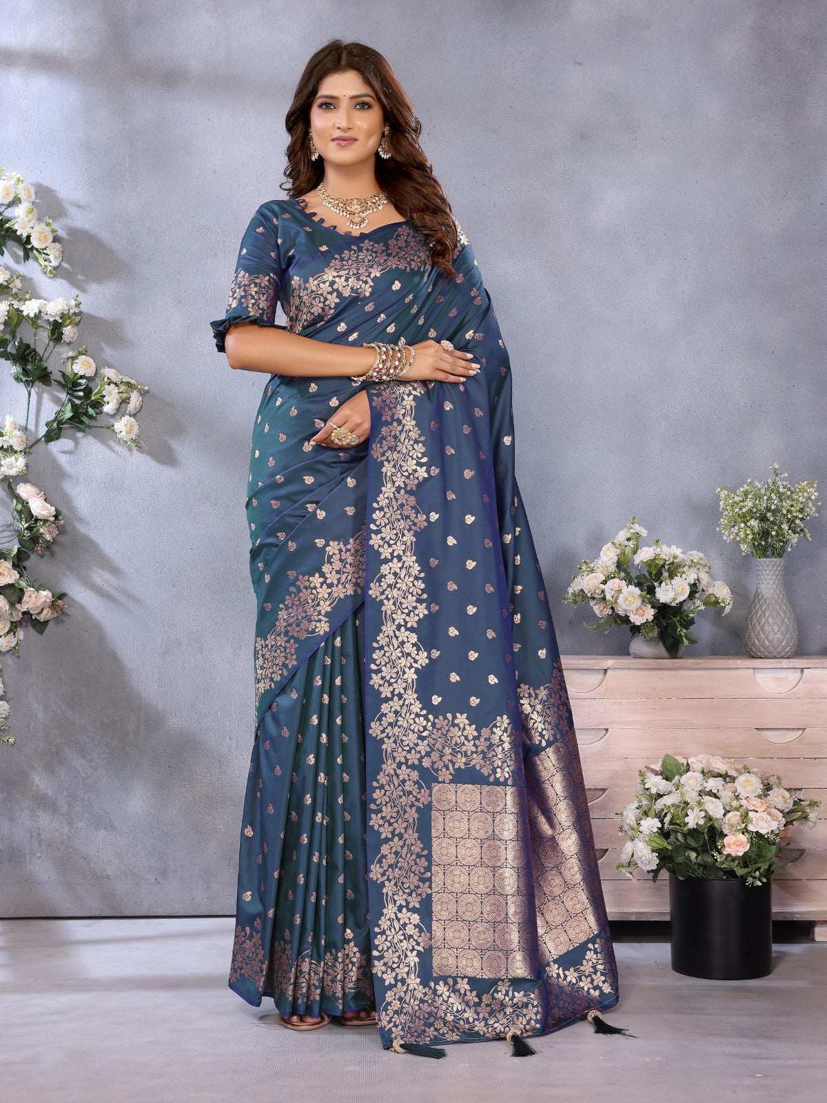 Premium Summer Blue Banarasi Silk Saree with Exclusive Gala Weaving Work