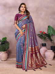 Pure Handloom Perrot & Purple Kalamkari Silk Saree with Zari Woven Border & Pallu