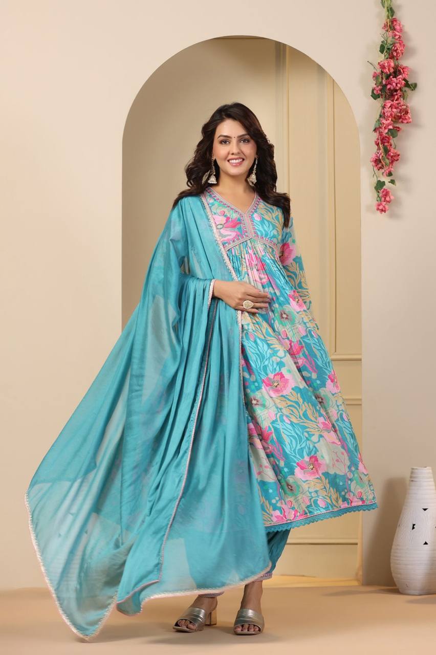 Featuring beautiful  Blue Muslin Alia Cut Suit Set