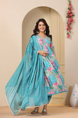 Featuring beautiful  Blue Muslin Alia Cut Suit Set