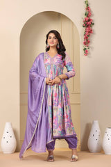 Featuring beautiful Purple Muslin Alia Cut Suit Set