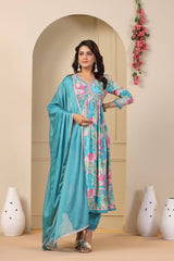 Featuring beautiful  Blue Muslin Alia Cut Suit Set
