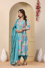 Featuring beautiful  Blue Muslin Alia Cut Suit Set
