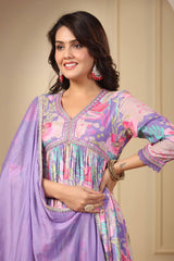 Featuring beautiful Purple Muslin Alia Cut Suit Set