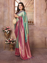 Premium Green Pure Banarasi Tissue Silk Saree with All-Over Weaving Butties
