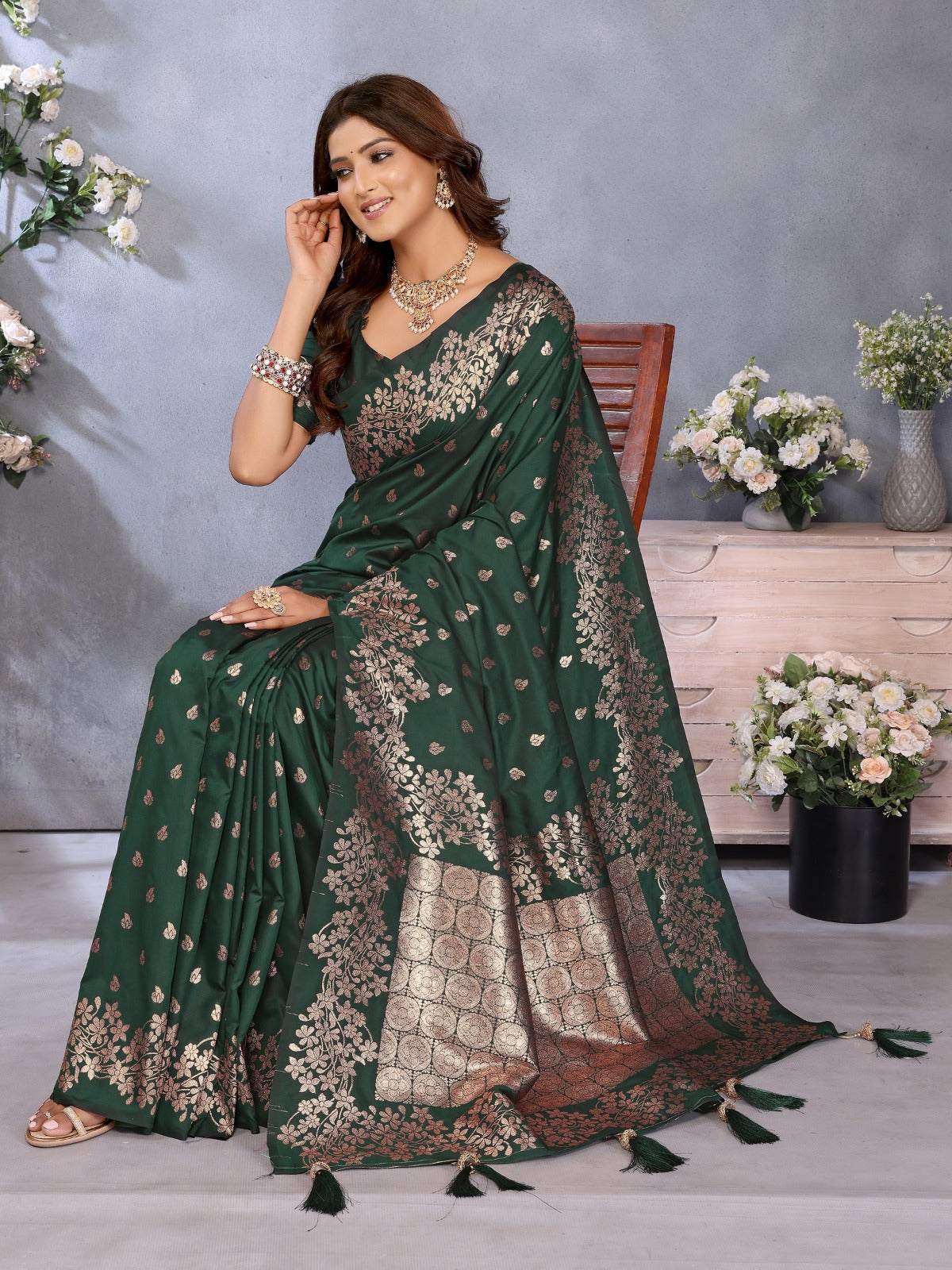 Premium Summer Green Banarasi Silk Saree with Exclusive Gala Weaving Work