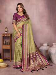 Pure Handloom Blue & Purple Kalamkari Silk Saree with Zari Woven Border & Pallu