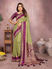 Pure Handloom Kalamkari Blue & Pueple Silk Saree with Zari Woven Border & Pallu