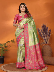 Pure Banarasi Gold & Pink Tissue Silk Saree with Paithani Border & Pallu