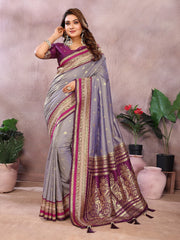 Pure Handloom Green & Purple Kalamkari Silk Saree with Zari Woven Border & Pallu