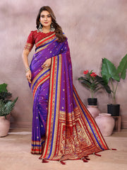 Pure Handloom Green & Purple Kalamkari Silk Saree with Zari Woven Border & Pallu