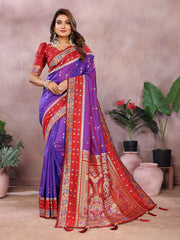 Pure Handloom Kalamkari Blue & Pueple Silk Saree with Zari Woven Border & Pallu