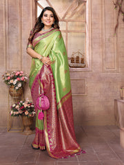 Premium Green Pure Banarasi Tissue Silk Saree with All-Over Weaving Butties