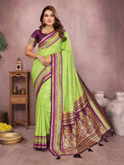 Pure Handloom Navy Blue & Red Kalamkari Silk Saree with Zari Woven Border & Pallu