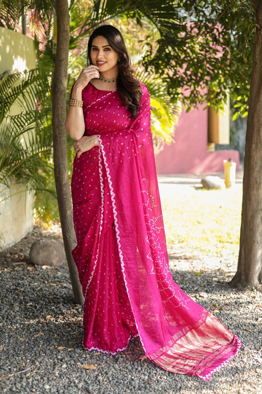 Pure Bandhej Pink Silk Saree with Zari Border