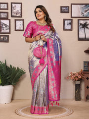 Pure Banarasi Orange & Pink Tissue Silk Saree with Paithani Border & Pallu