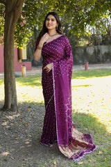 Pure Bandhej Purple Silk Saree with Zari Border