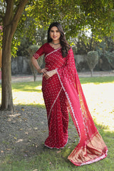 Pure Bandhej Blue Silk Saree with Zari Border