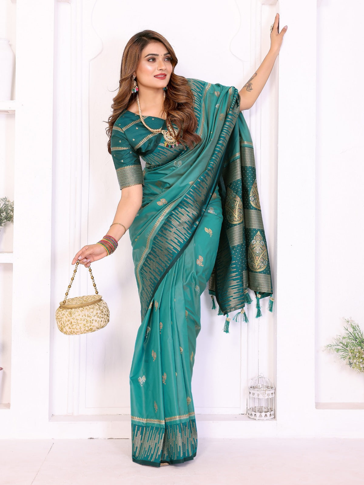 Premium Teal Green South Soft Silk Saree with Rich Zari Weaving Border & Heavy Pallu