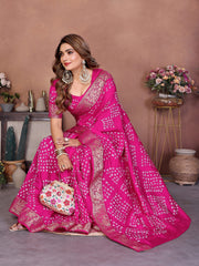 Experience Timeless Elegance With Our Green Pure Handmade Bandhej Dola Silk Saree